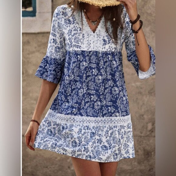 Blue Boho Floral Print Lace Dress - Picture 4 of 6